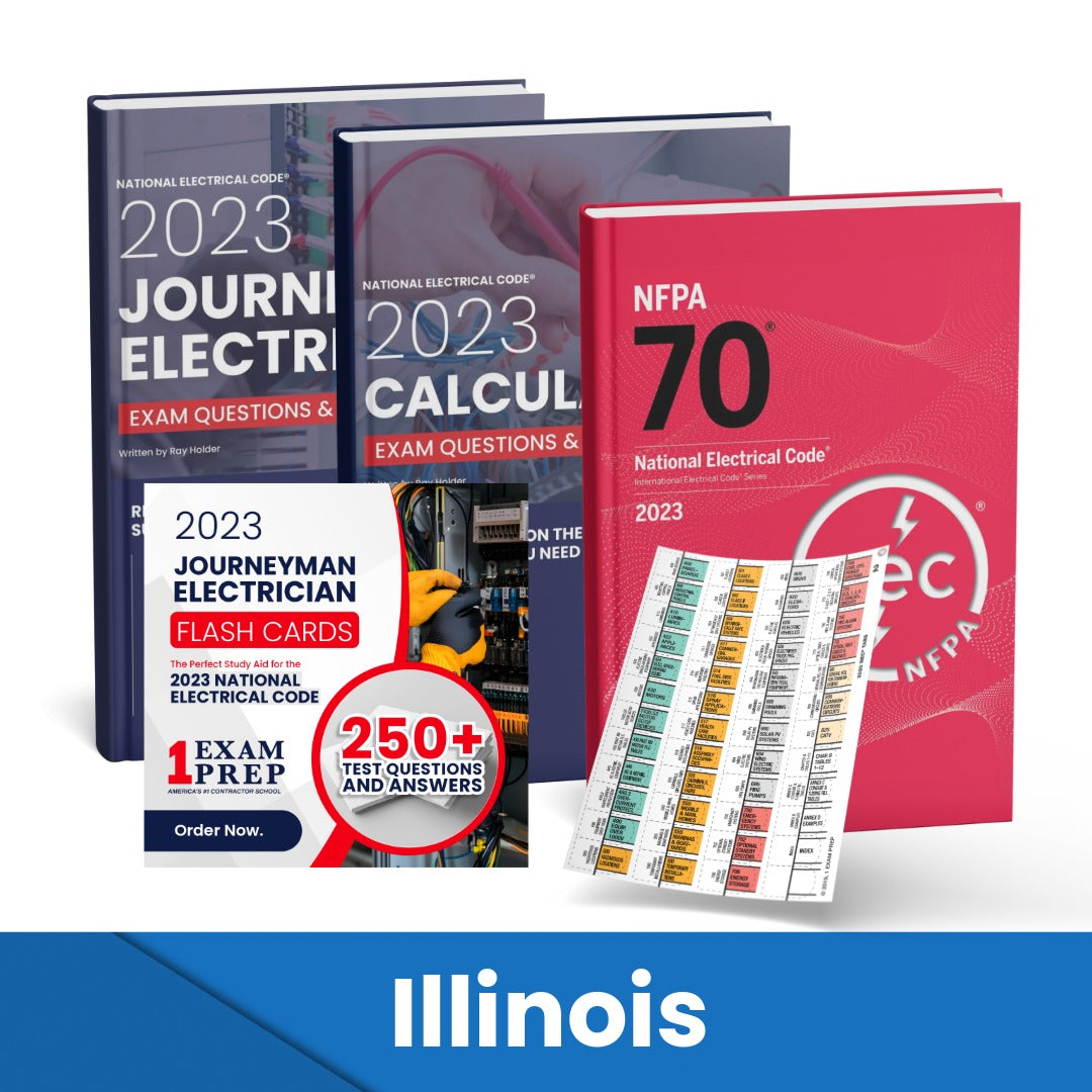 2023 Illinois Journeyman Electrician + Electrician Calculations Study Guides + Flash Cards & National Electrical Code +Tabs Super Combo (Based on the 2023 NEC)