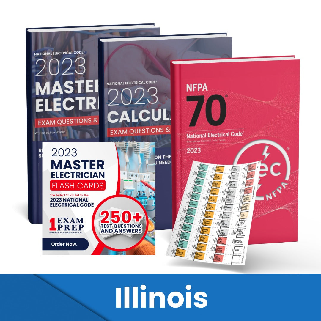 2023 Illinois Master Electrician + Electrician Calculations Study Guides + Flash Cards & National Electrical Code +Tabs Super Combo (Based on the 2023 NEC)