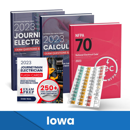 2023 Iowa Journeyman Electrician + Electrician Calculations Study Guides + Flash Cards & National Electrical Code +Tabs Super Combo (Based on the 2023 NEC)