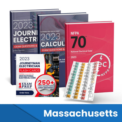 2023 Massachusetts Journeyman Electrician + Electrician Calculations Study Guides + Flash Cards & National Electrical Code +Tabs Super Combo (Based on the 2023 NEC)