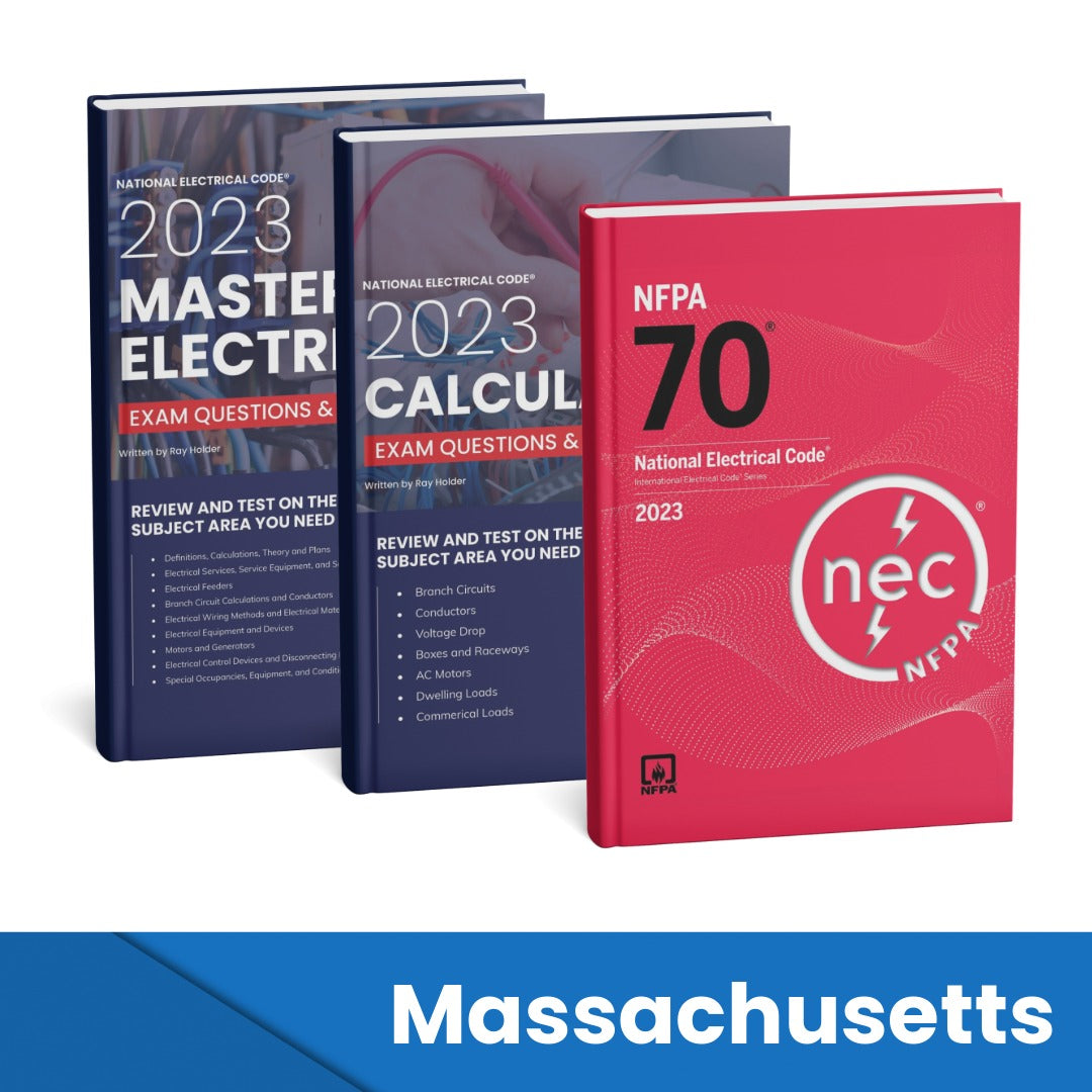 2023 Massachusetts Master Electrician + Electrician Calculations Study Guides & National Electrical Code Combo (Based on the 2023 NEC)