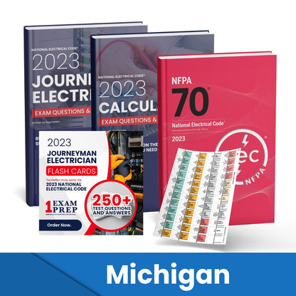 2023 Michigan Journeyman Electrician + Electrician Calculations Study Guides + Flash Cards & National Electrical Code +Tabs Super Combo (Based on the 2023 NEC)