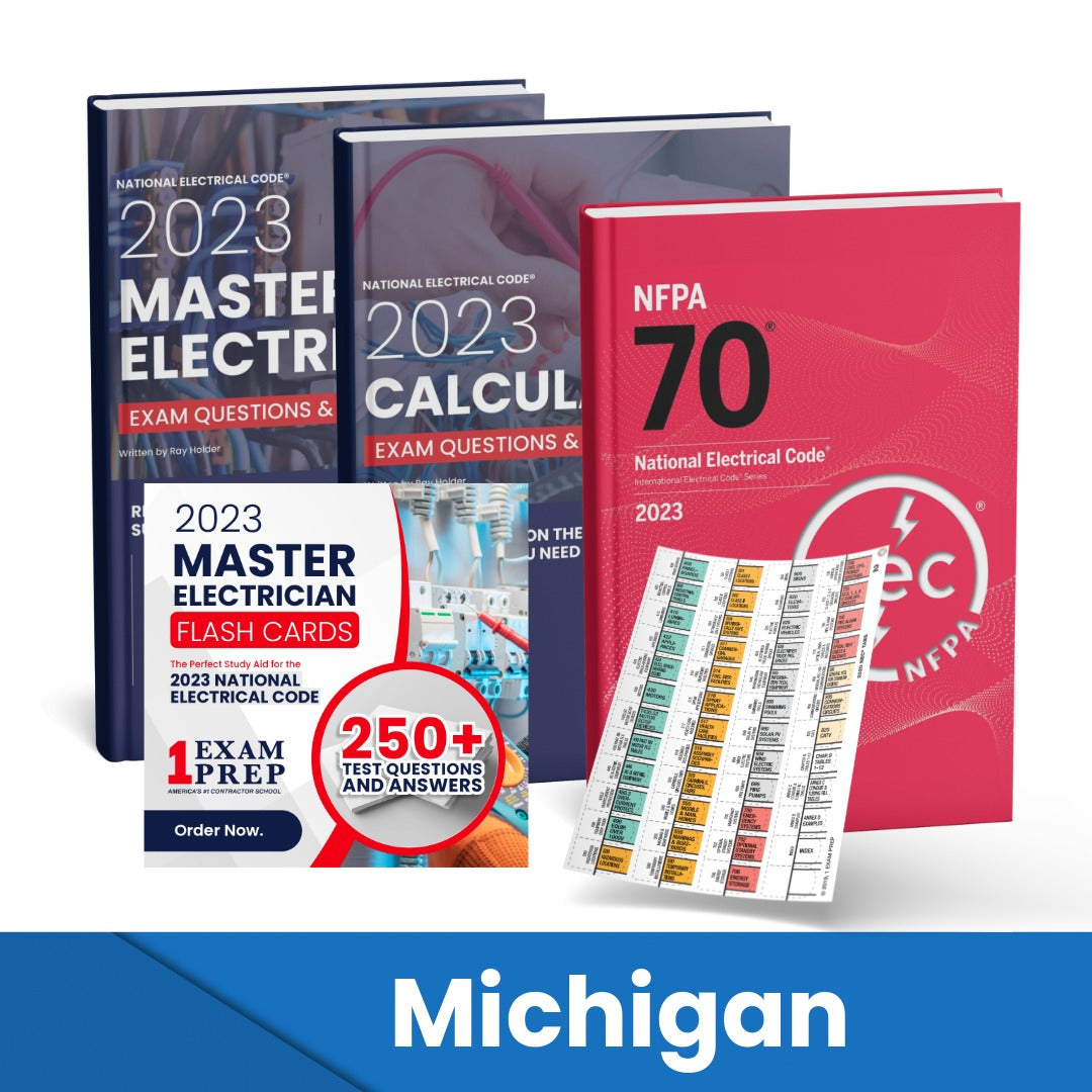 2023 Michigan Master Electrician + Electrician Calculations Study Guides + Flash Cards & National Electrical Code +Tabs Super Combo (Based on the 2023 NEC)