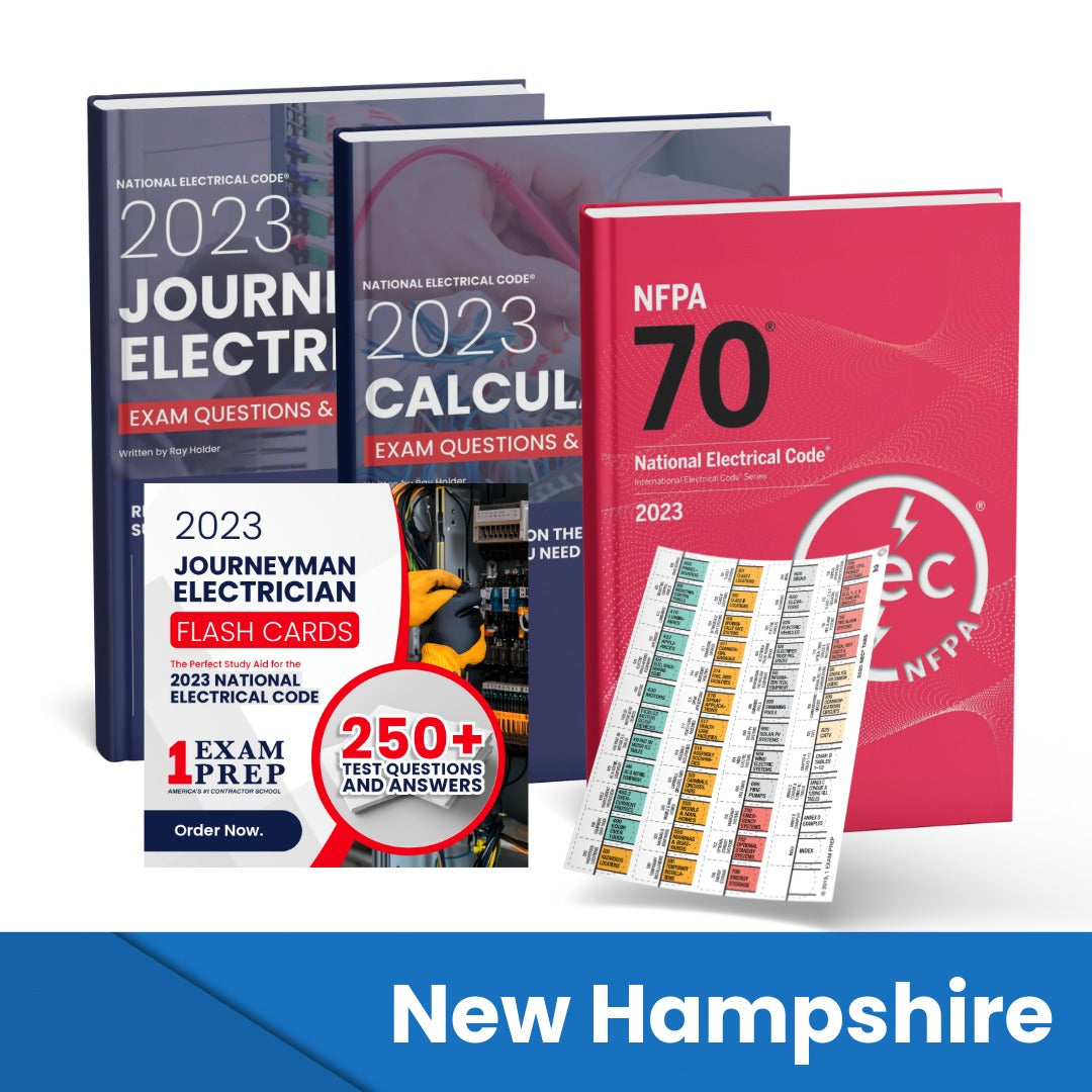 2023 New Hampshire Journeyman Electrician + Electrician Calculations Study Guides + Flash Cards & National Electrical Code +Tabs Super Combo (Based on the 2023 NEC)