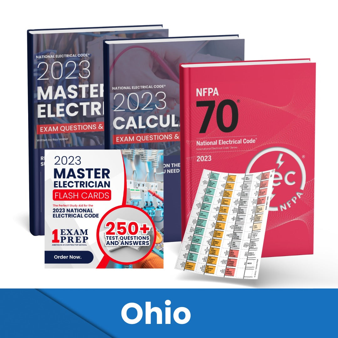 2023 Ohio Master Electrician + Electrician Calculations Study Guides + Flash Cards & National Electrical Code +Tabs Super Combo (Based on the 2023 NEC)
