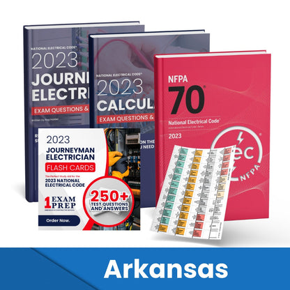2023 Arkansas Journeyman Electrician + Electrician Calculations Study Guides + Flash Cards & National Electrical Code +Tabs Super Combo (Based on the 2023 NEC)