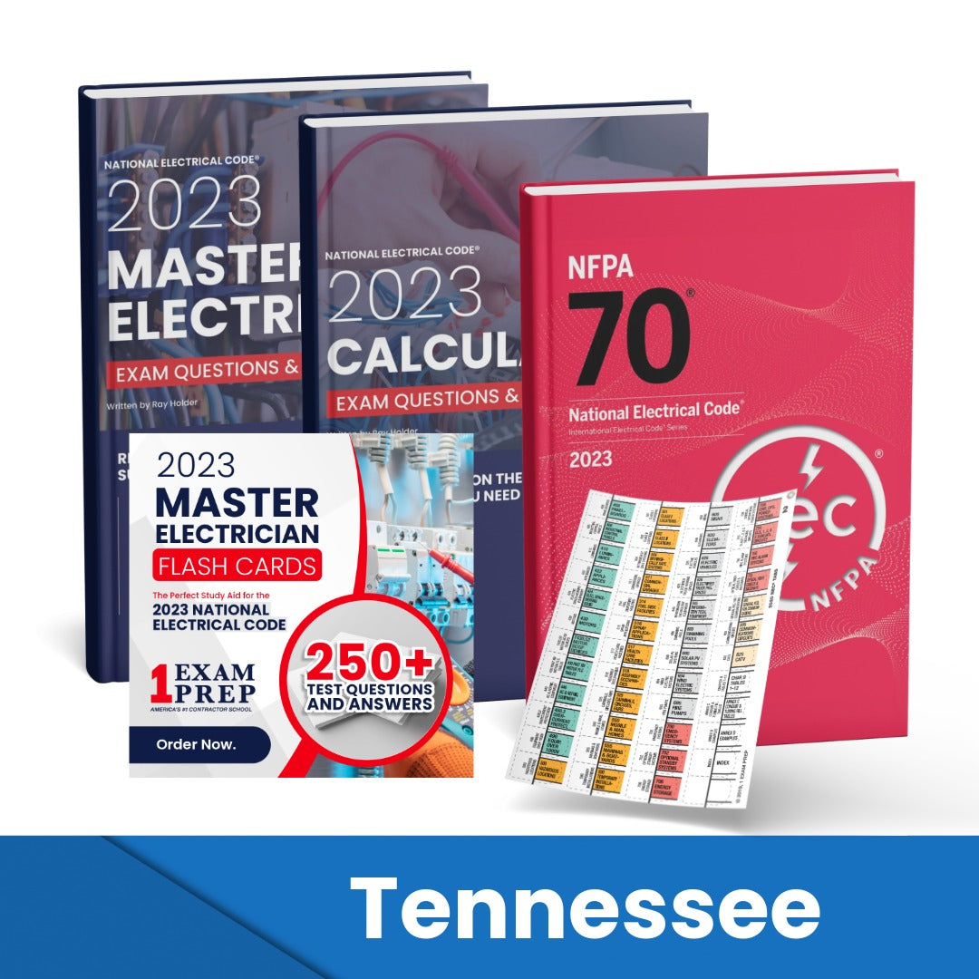 2023 Tennessee Master Electrician + Electrician Calculations Study Guides + Flash Cards & National Electrical Code +Tabs Super Combo (Based on the 2023 NEC)