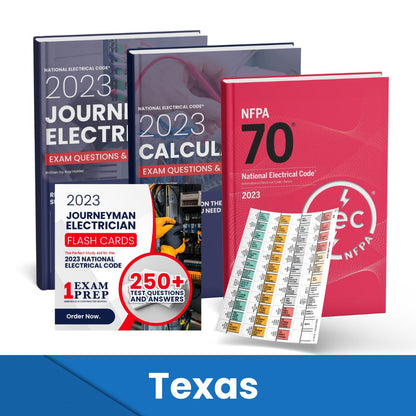 2023 Texas Journeyman Electrician + Electrician Calculations Study Guides + Flash Cards & National Electrical Code +Tabs Super Combo (Based on the 2023 NEC)