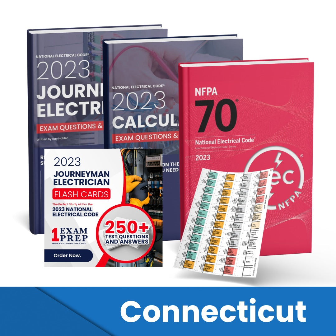2023 Connecticut Journeyman Electrician + Electrician Calculations Study Guides + Flash Cards & National Electrical Code +Tabs Super Combo (Based on the 2023 NEC)