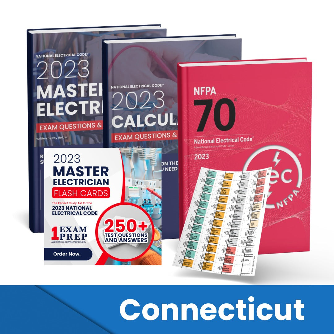 2023 Connecticut Master Electrician + Electrician Calculations Study Guides + Flash Cards & National Electrical Code +Tabs Super Combo (Based on the 2023 NEC)