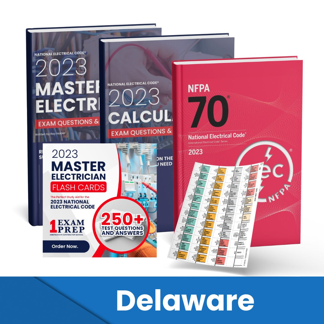 2023 Delaware Master Electrician + Electrician Calculations Study Guides + Flash Cards & National Electrical Code +Tabs Super Combo (Based on the 2023 NEC)