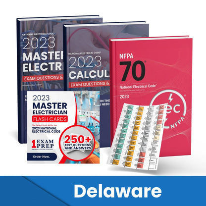 2023 Delaware Master Electrician + Electrician Calculations Study Guides + Flash Cards & National Electrical Code +Tabs Super Combo (Based on the 2023 NEC)