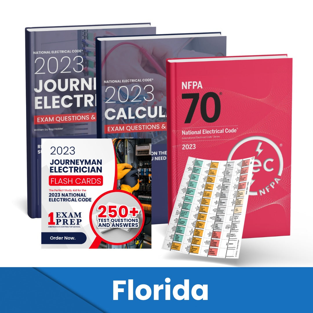 2023 Florida Journeyman Electrician + Electrician Calculations Study Guides + Flash Cards & National Electrical Code +Tabs Super Combo (Based on the 2023 NEC)