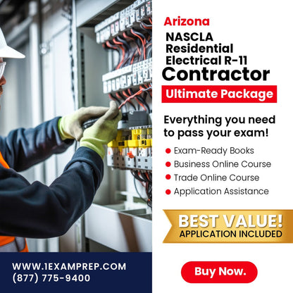 Arizona NASCLA Accredited Trade Examination for Residential Electrical Contractors (R-11) Ultimate Exam Prep Rental Package