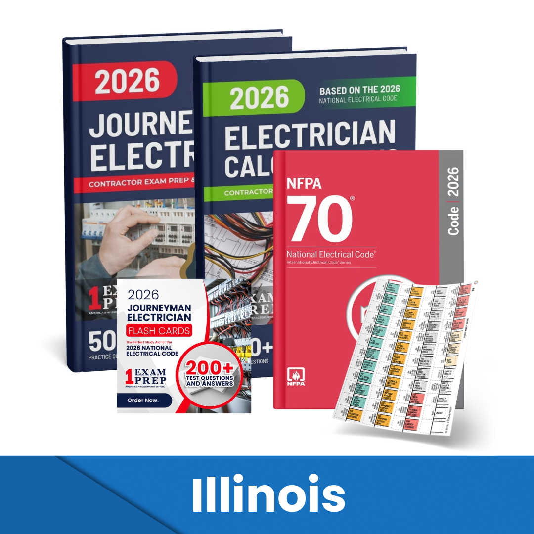 2026 Illinois Journeyman Electrician + Electrician Calculations Study Guides + Flash Cards & National Electrical Code + Tabs Super Combo (Based on the 2026 NEC)
