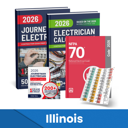 2026 Illinois Journeyman Electrician + Electrician Calculations Study Guides + Flash Cards & National Electrical Code + Tabs Super Combo (Based on the 2026 NEC)