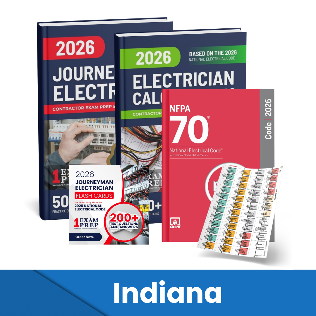 2026 Indiana Journeyman Electrician + Electrician Calculations Study Guides + Flash Cards & National Electrical Code + Tabs Super Combo (Based on the 2026 NEC)