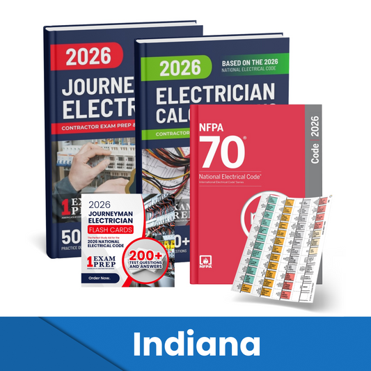 2026 Indiana Journeyman Electrician + Electrician Calculations Study Guides + Flash Cards & National Electrical Code + Tabs Super Combo (Based on the 2026 NEC)
