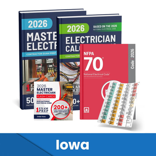 2026 Iowa Master Electrician + Electrician Calculations Study Guides + Flash Cards & National Electrical Code + Tabs Super Combo (Based on the 2026 NEC)