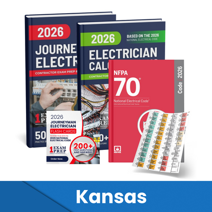 2026 Kansas Journeyman Electrician + Electrician Calculations Study Guides + Flash Cards & National Electrical Code + Tabs Super Combo (Based on the 2026 NEC)
