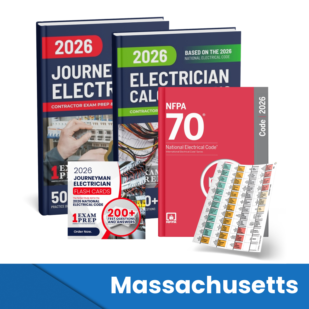2026 Massachusetts Journeyman Electrician + Electrician Calculations Study Guides + Flash Cards & National Electrical Code + Tabs Super Combo (Based on the 2026 NEC)