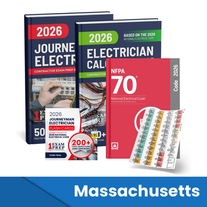 2026 Massachusetts Journeyman Electrician + Electrician Calculations Study Guides + Flash Cards & National Electrical Code + Tabs Super Combo (Based on the 2026 NEC)