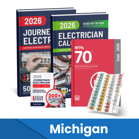 2026 Michigan Journeyman Electrician + Electrician Calculations Study Guides + Flash Cards & National Electrical Code + Tabs Super Combo (Based on the 2026 NEC)