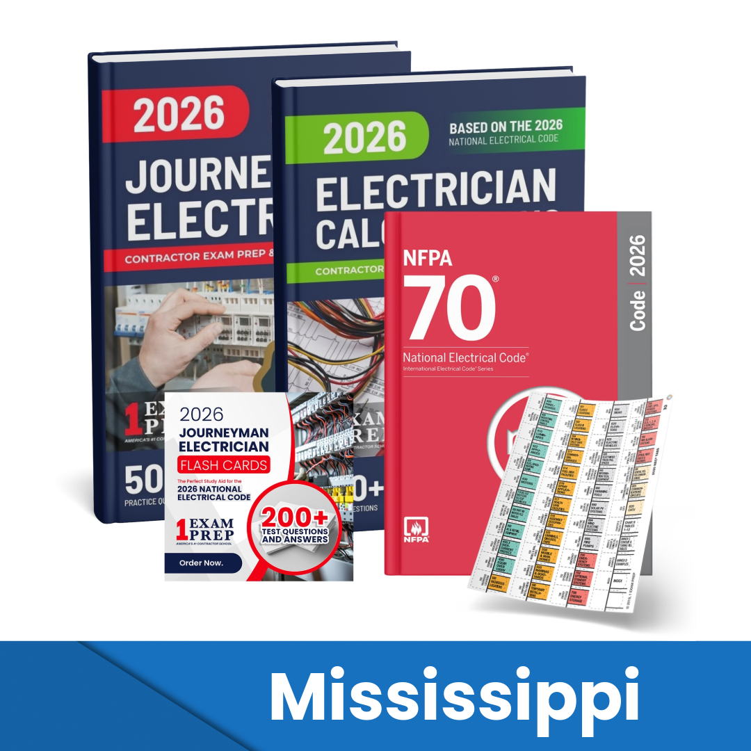 2026 Mississippi Journeyman Electrician + Electrician Calculations Study Guides + Flash Cards & National Electrical Code + Tabs Super Combo (Based on the 2026 NEC)