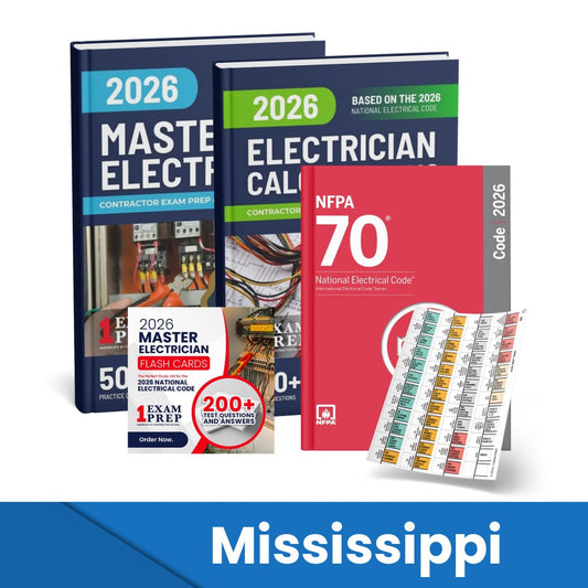 2026 Mississippi Master Electrician + Electrician Calculations Study Guides + Flash Cards & National Electrical Code + Tabs Super Combo (Based on the 2026 NEC)