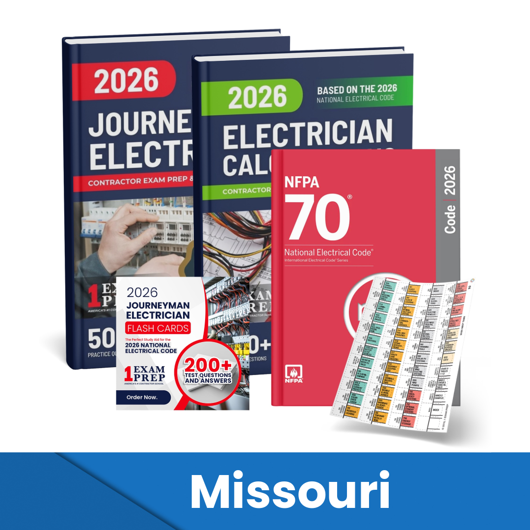 2026 Missouri Journeyman Electrician + Electrician Calculations Study Guides + Flash Cards & National Electrical Code + Tabs Super Combo (Based on the 2026 NEC)
