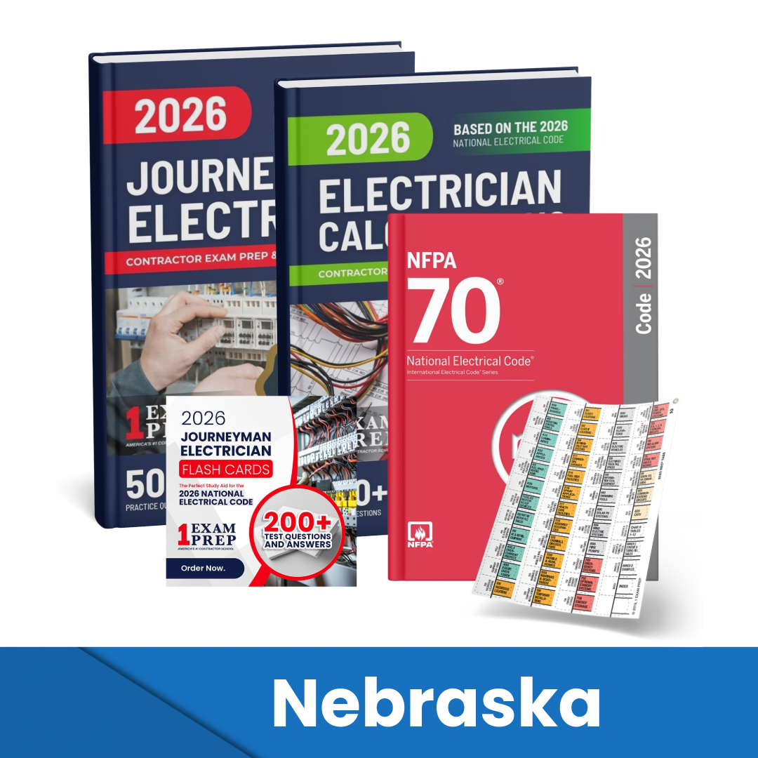 2026 Nebraska Journeyman Electrician + Electrician Calculations Study Guides + Flash Cards & National Electrical Code + Tabs Super Combo (Based on the 2026 NEC)