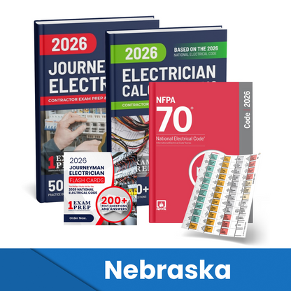 2026 Nebraska Journeyman Electrician + Electrician Calculations Study Guides + Flash Cards & National Electrical Code + Tabs Super Combo (Based on the 2026 NEC)
