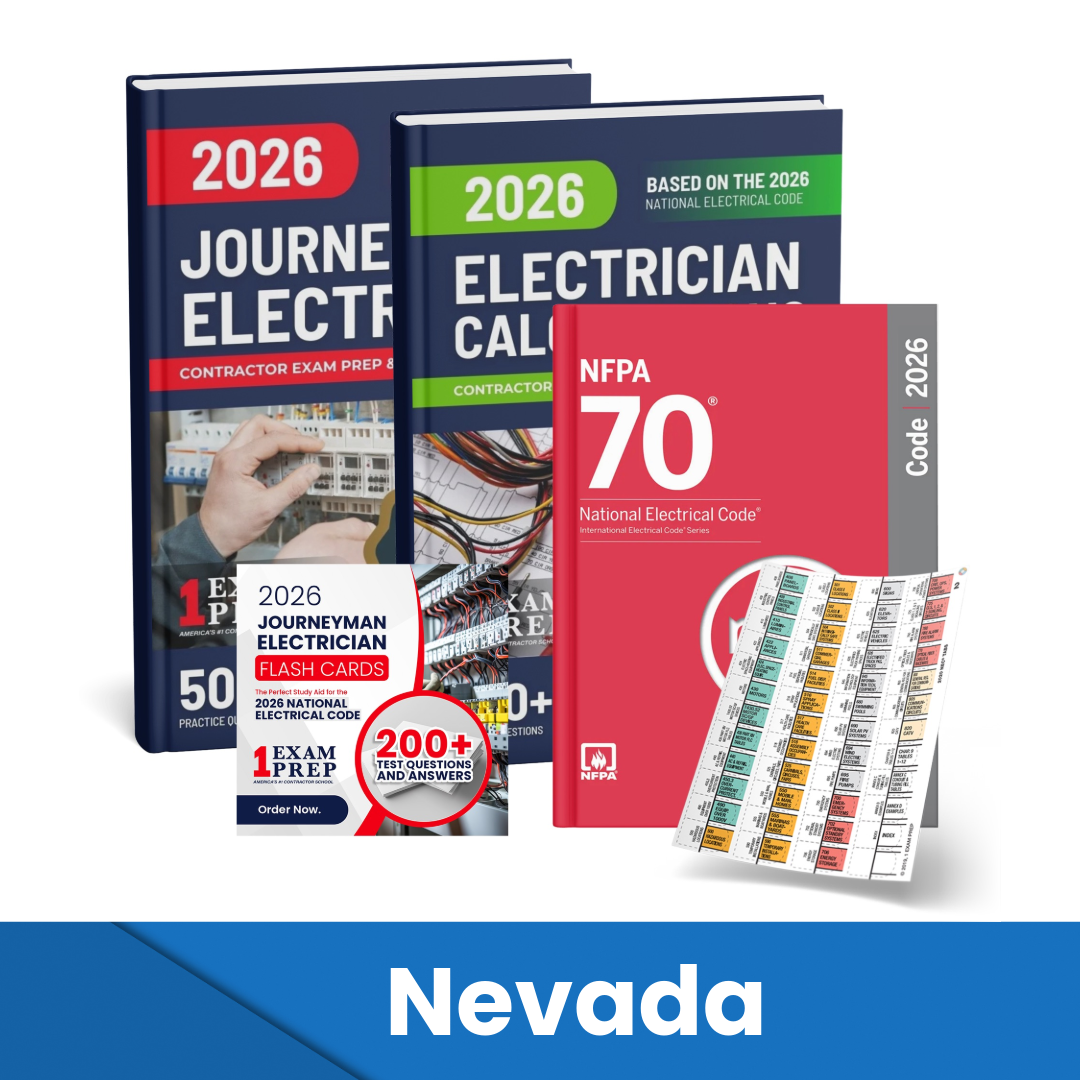 2026 Nevada Journeyman Electrician + Electrician Calculations Study Guides + Flash Cards & National Electrical Code + Tabs Super Combo (Based on the 2026 NEC)