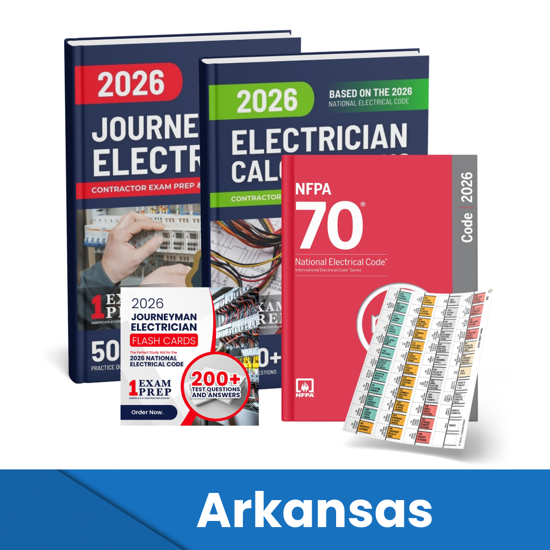 2026 Arkansas Journeyman Electrician + Electrician Calculations Study Guides + Flash Cards & National Electrical Code + Tabs Super Combo (Based on the 2026 NEC)