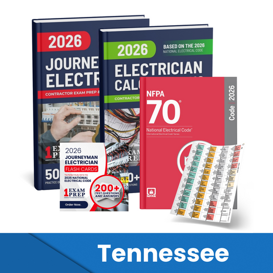 2026 Tennessee Journeyman Electrician + Electrician Calculations Study Guides + Flash Cards & National Electrical Code + Tabs Super Combo (Based on the 2026 NEC)