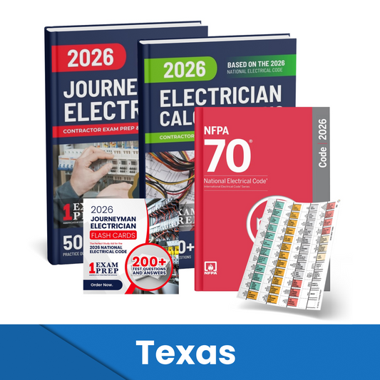 2026 Texas Journeyman Electrician + Electrician Calculations Study Guides + Flash Cards & National Electrical Code + Tabs Super Combo (Based on the 2026 NEC)