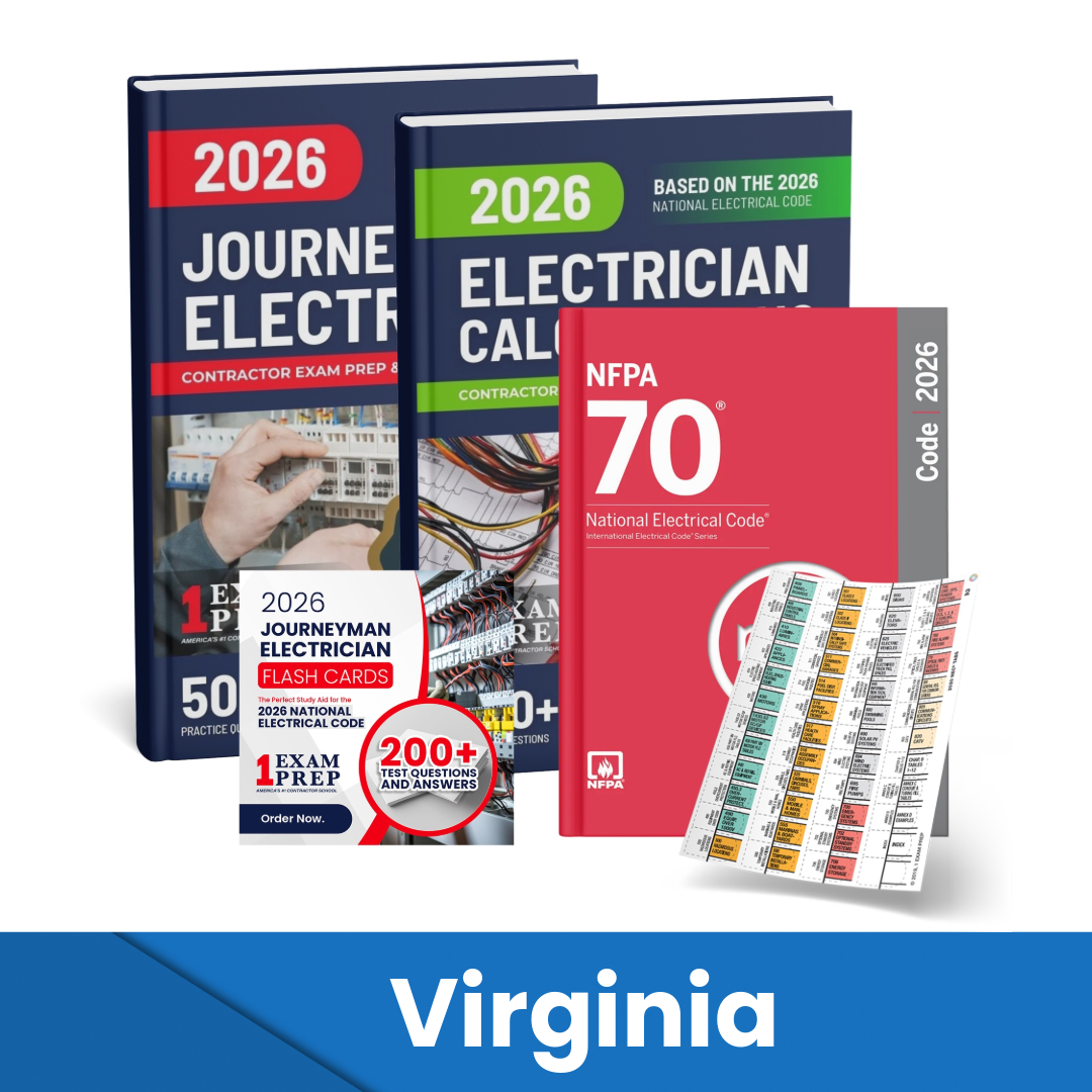 2026 Virginia Journeyman Electrician + Electrician Calculations Study Guides + Flash Cards & National Electrical Code + Tabs Super Combo (Based on the 2026 NEC)
