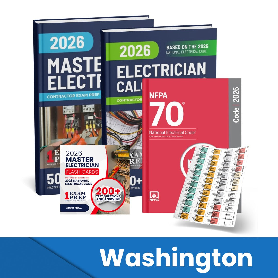 2026 Washington Master Electrician + Electrician Calculations Study Guides + Flash Cards & National Electrical Code + Tabs Super Combo (Based on the 2026 NEC)