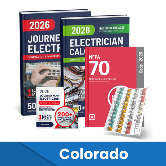 2026 Colorado Journeyman Electrician + Electrician Calculations Study Guides + Flash Cards & National Electrical Code + Tabs Super Combo (Based on the 2026 NEC)