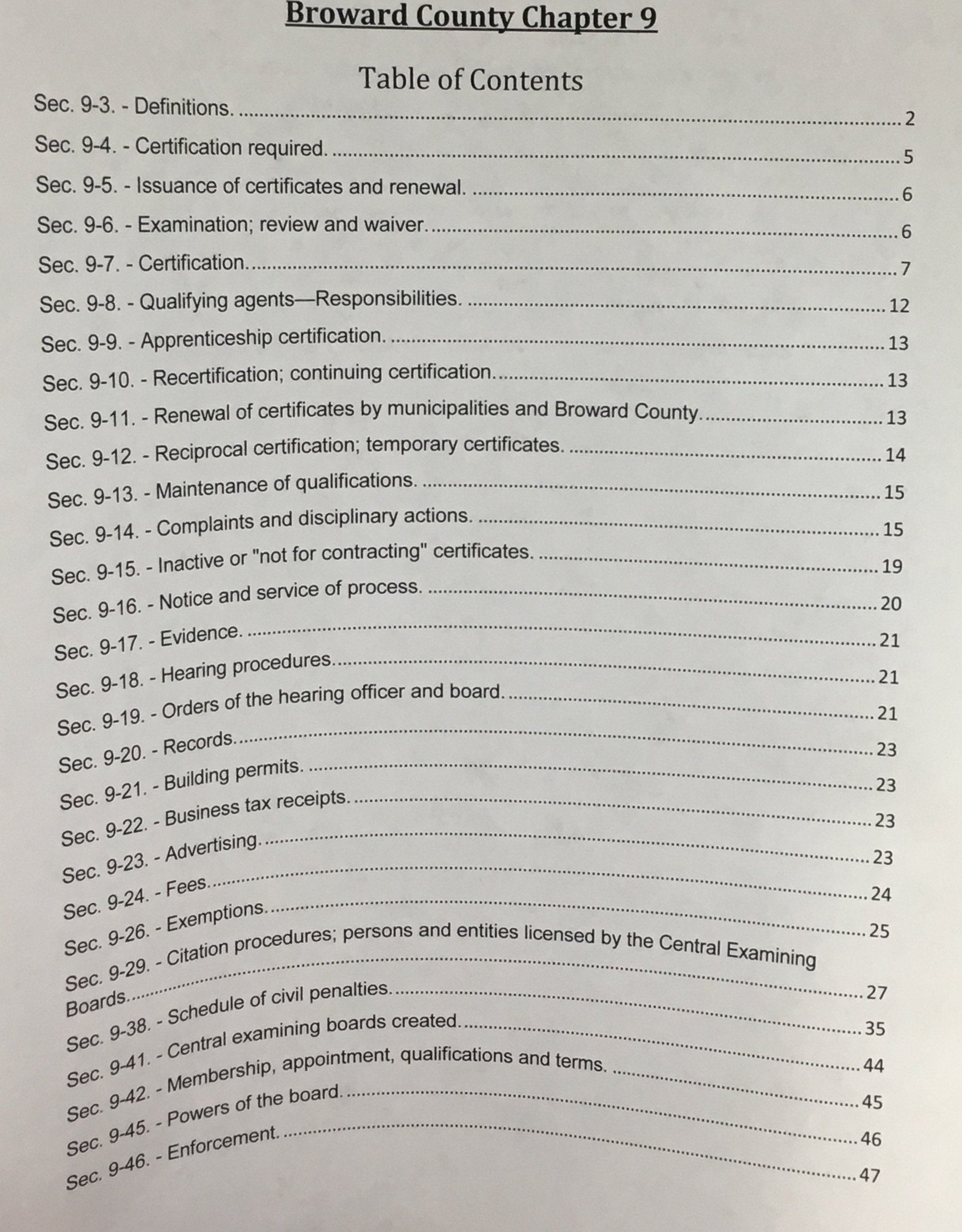 Broward County Code, Chapter 9 - Contractors, 2014
