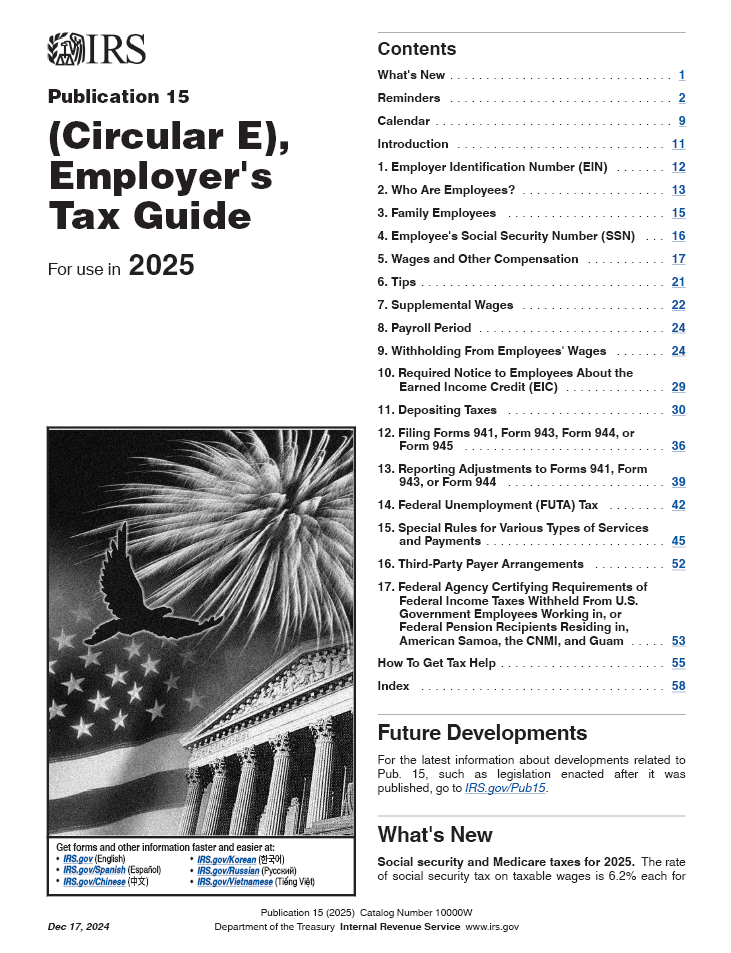 IRS Circular E, Employer's Tax Guide, Publication 15, 2025 Edition; Highlighted & Tabbed