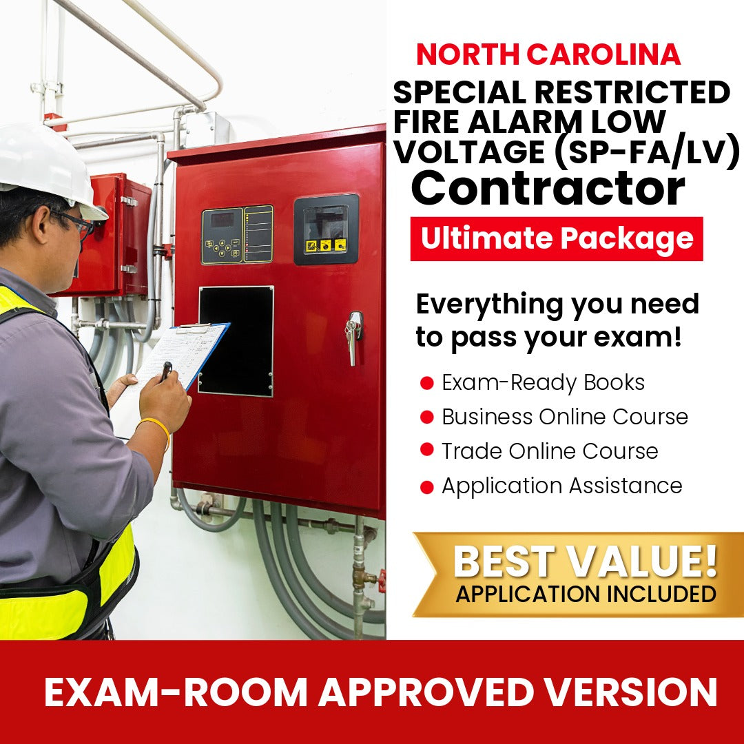 North Carolina Special Restricted Fire Alarm Low Voltage Contractor (SP-FA/LV) Ultimate Books Exam Room Approved + Course + Application Package