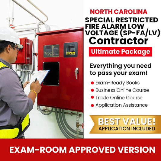 North Carolina Special Restricted Fire Alarm Low Voltage Contractor (SP-FA/LV) Ultimate Books Exam Room Approved + Course + Application Package