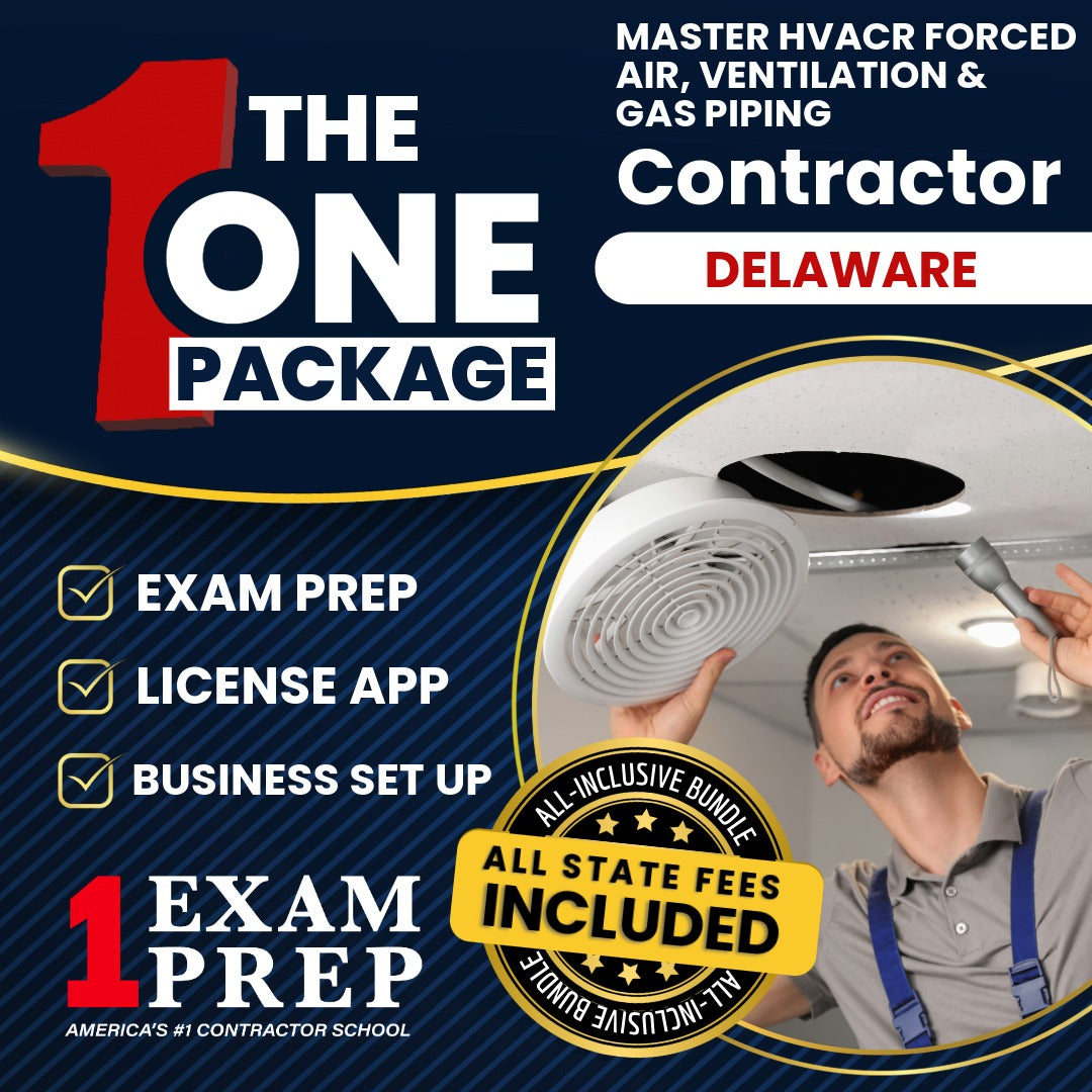 The 1 Package: All-Inclusive Delaware Master HVACR Restricted Forced Air Systems, Ventilation & Gas Piping Contractor Exam, Licensing & Business Setup Solution