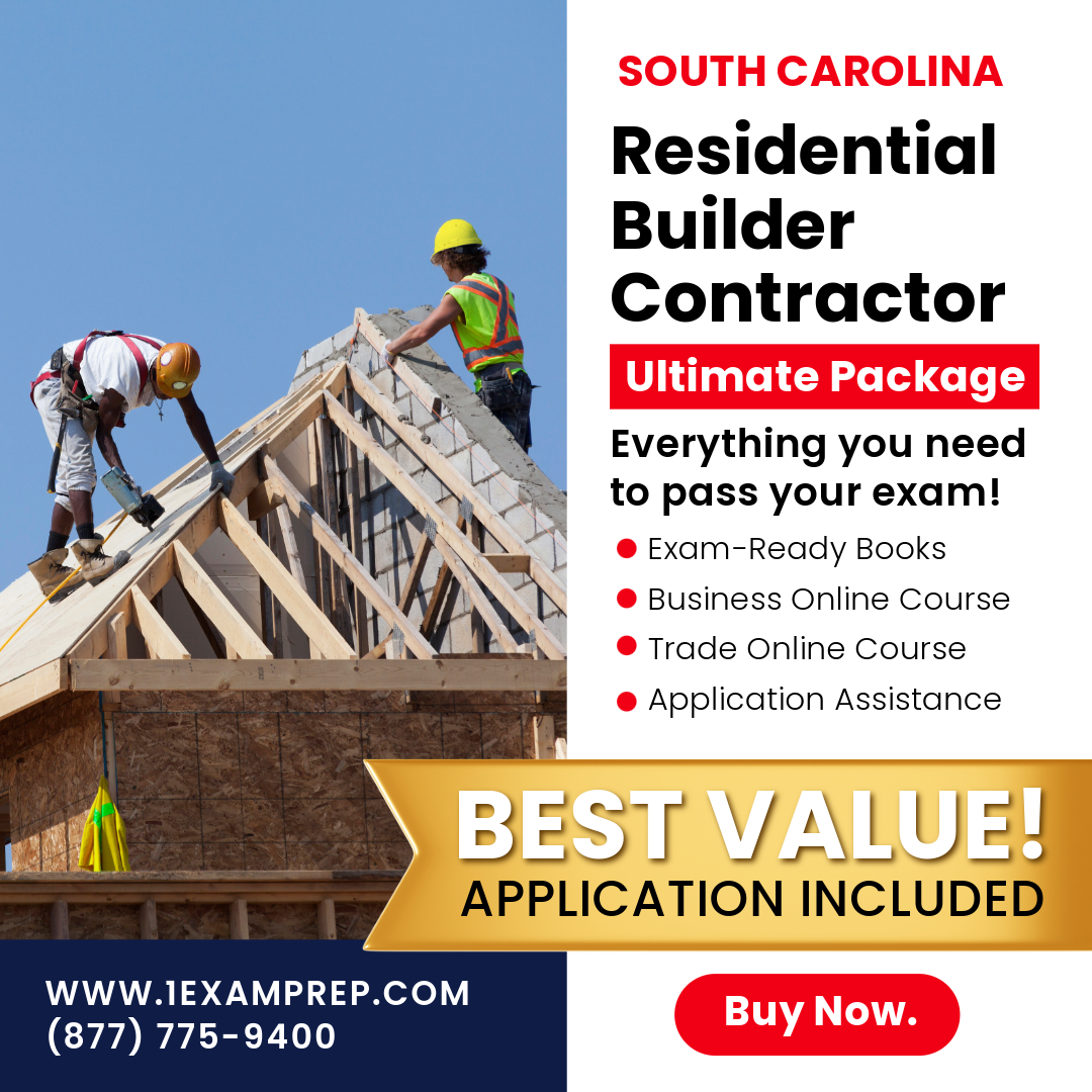 South Carolina Residential Builder Contractor Ultimate Package, including exam-ready books, business online course, trade online course, and application assistance.