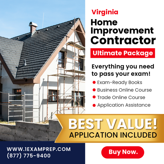 Virginia Home Improvement Contractor Ultimate Package includes exam-ready books, business online course, trade online course, and application assistance.