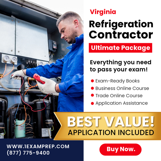 Virginia Refrigeration Contractor Ultimate Package, includes exam-ready books,  online courses, and application assistance.